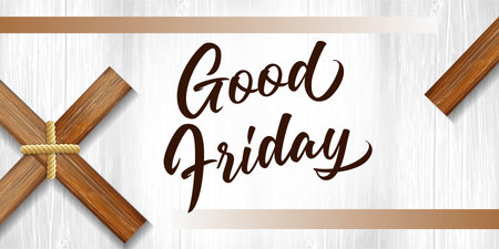 Good Friday banner with wooden cross and calligraphy. Easter Sunday web slide background. vector illustrationのイラスト素材