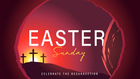 Easter Sunday morning, He is risen, tomb and Calvary. Celebrate the resurrection, invitation design...