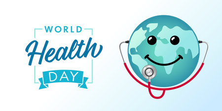 World Health Day concept, a planet with smile and stethoscope. Happy earth with a medical instrument for listening to the action of the heart. vector illustrationのイラスト素材