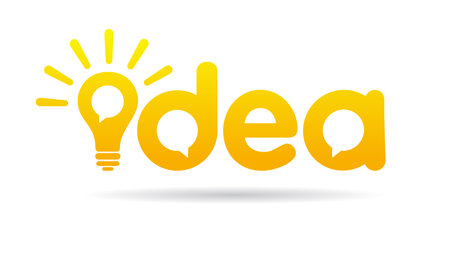 Idea, creative word lettering. Idea concept with bright and shining light bulb on white background. Flat style design, vector illustrationのイラスト素材