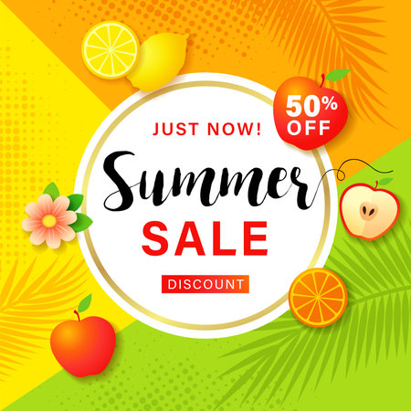 Summer sale, geometric banner with tropical fruits and palm tree leaf. vector illustrationのイラスト素材