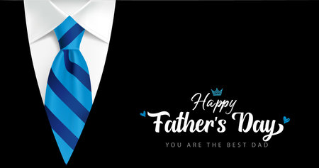 Happy Fathers Day, You are the best Dad handwritten with mens suit and blue striped necktie. Father's Day banner with calligraphy on black costume background. vector illustrationのイラスト素材