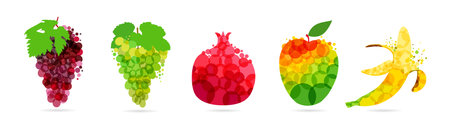 Red and green grapes, pomegranate, mango and banana set of abstract colorful fruits design. Creative concept icons of fruit for label of fresh juice or lemonade. vector objectのイラスト素材
