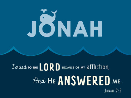 Jonah Bible lettering with whale silhouette. Quote from the book of Jonah - I cried out to the Lord because of my affliction, And He answered me. vector cardのイラスト素材