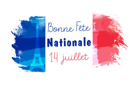 Creative flag logo with French inscription Bonne Fete Nationale - Happy National Day, July 14. T shirt graphic, gift design elements with brushing stroke style. isolated icon. Welcのイラスト素材