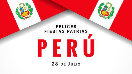 Felices Fiestas Patrias Peru banner with flags. Translation from spanish - Happy National Day of Peru, July 28. Vector illustrationのイラスト素材