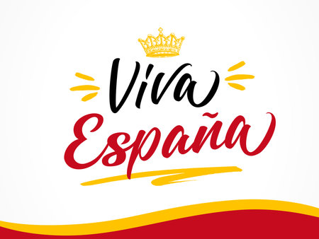 Viva Espana lettering and wavy flag. Spanish text - Long Live Spain. Greeting card for National Day or t-shirt design. vector illustrationのイラスト素材
