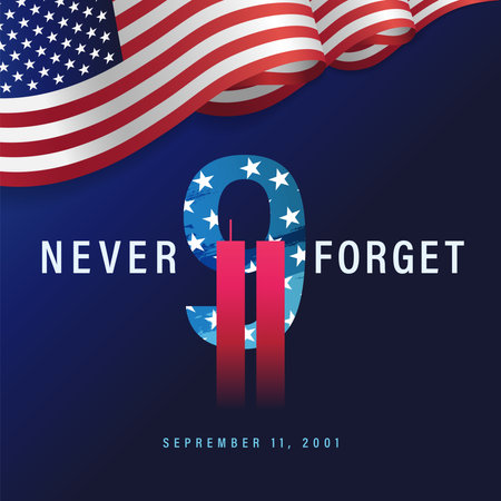 9/11 USA Never Forget September 11, 2001. We will Never Forget vector conceptual illustration for Patriot Day USA poster or social media bannerのイラスト素材