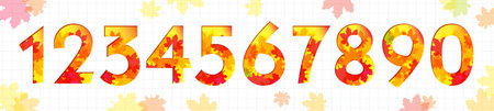 Set of autumn isolated numbers from 0 to 9. School notebook background. happy birthday idea. September, October and November elements. Harvest holiday decorative design. Fall leaveのイラスト素材