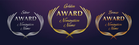 Set of awards. Golden, silver and bronze rewards. Modern design. Competitions cup elements. Isolated icons. Metallic shiny gradient. Creative shape. Vector illustrationのイラスト素材