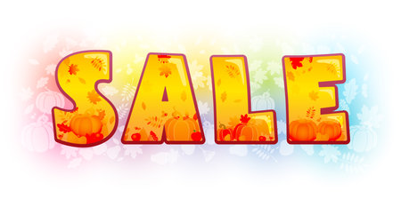 Autumn sale creative illustration. 3D word SALE with clipping mask. Advertising design concept. Fall leaves and pumpkins. Harvest holiday decoration. Thanksgiving event discountのイラスト素材