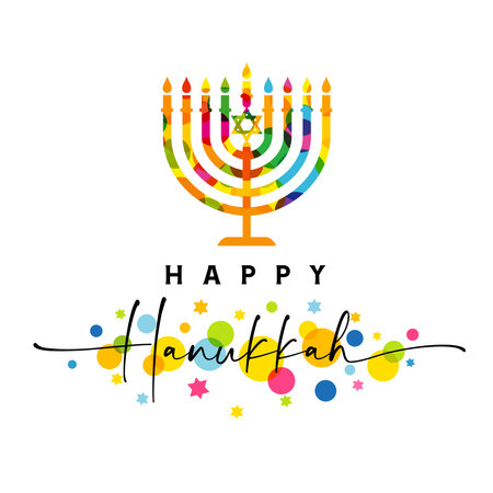 Happy Hanukkah card with elegant lettering and colored hanuka menorah. Jewish festival of lights web banner with calligraphy and menorah. Vector illustrationのイラスト素材