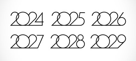 Set of creative numbers from 2024 to 2029. Happy new year icons 2025, 2026, 2027 and 2028. Calendar or planner title. Business style. Black and white concept. Isolated graphicのイラスト素材
