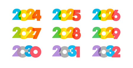 Set of creative numbers from 2024 to 2032. Creative icons 2025, 2026, 2027, 2028, 2029, 2030 and 2031 logo. Calendar or planner cover design. Isolated elements. Colorful concept. Nのイラスト素材