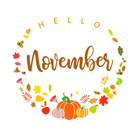 Hello November social media post. Greeting card design. Internet banner. Isolated elements. Autumn fruits and plants, red, yellow and orange leaves. Creative typography. Fall baskeのイラスト素材
