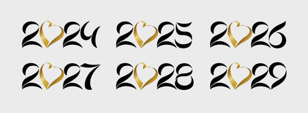 Set of elegant black and gold numbers from 2024 to 2029. Calendar title for 2025, 2026, 2027 and 2028 new year. Creative icons. Graphic collection. Isolated elements. Hand drawn stのイラスト素材