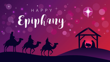 Happy Epiphany, Nativity scene with wise men, Jesus in manger and Bethlehem star. Vector illustrationのイラスト素材