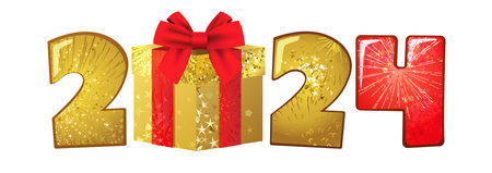 2024 shiny web icon with golden gift box. 3D graphic design. Happy New Year 20 24 creative red and...