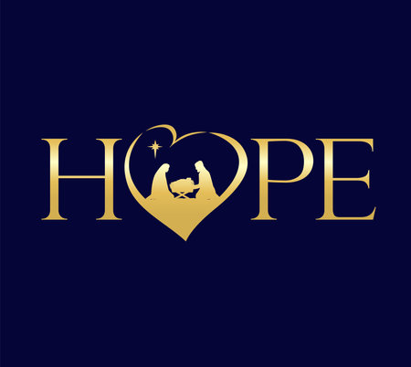HOPE concept with silhouettes Christian Nativity in heart. A Child is Born, celebrate Christmas - church social media banner template. Vector illustrationのイラスト素材