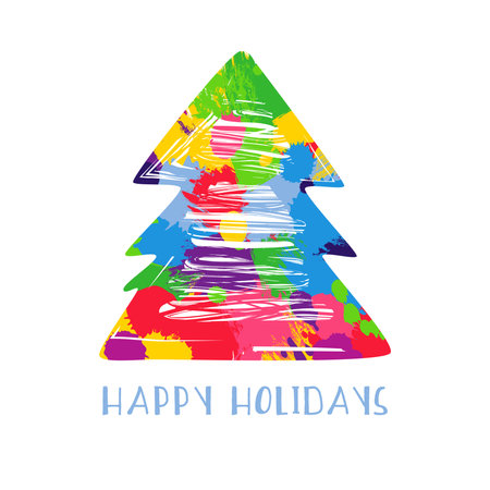 Christmas card. Colorful design. Bright arts style X mas tree. Holiday element. Postcard template. Cute modern concept. Merry X-mas and a Happy New Year greetings. Internet icon. Sのイラスト素材