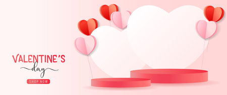 valentines day empty minimal display podium decoration background with paper hearts. Valentine's Day promotion product banner. Vector illustrationのイラスト素材