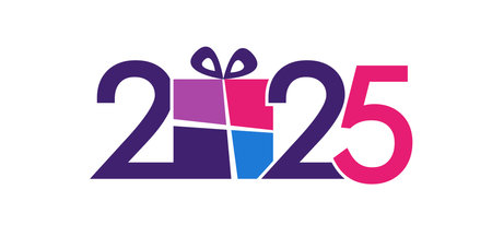 Happy New Year 2025 creative icon with gift box. Internet banner. Greeting card design. Advertising template. Flat graphic. Promotional concept. Isolated elements. Shopping decorのイラスト素材