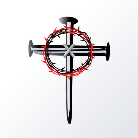 Jesus Christ cross made of nails. Easter Sunday service banner with nail cross and thorns wreath. Christian vector illustrationのイラスト素材