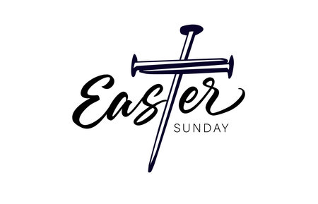 Easter Sunday black calligraphy with iron nails cross. Jesus Christ cross made of nails. Christian vector illustrationのイラスト素材