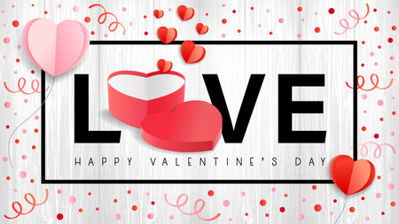 Love, web banner valentines day with heart-gift box. Greeting card concept for Valentine's day with text and paper hearts on wooden background. Vector illustrationのイラスト素材