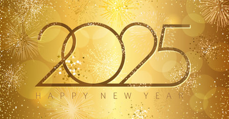 Happy 2025 eve vector illustration. Golden background. Happy New Year congrats with creative typography and shiny backdrop. Holiday graphic elements. Modern number 20 25のイラスト素材