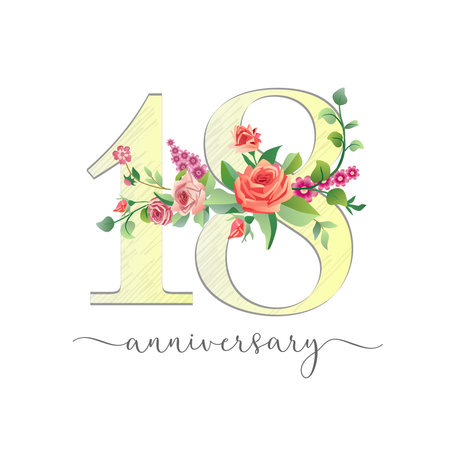 Number 18 sketch style design with floral elements. Happy 18th anniversary creative icon with vintage roses. Graphic template. Cute logo. 18 years old symbol. Retro flowers.のイラスト素材