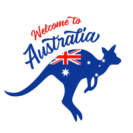 Welcome to Australia, kangaroo with flag. Silhouette of kangaroo jumping with national flag and text. Vector illustrationのイラスト素材