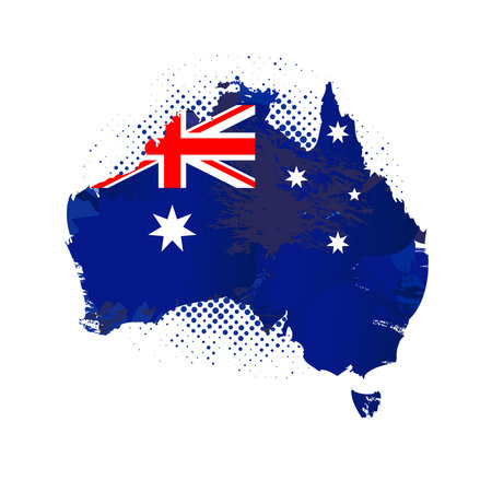 Map of Australia with textured grunge flag and dots. Silhouette of Australian map with national flag. Vector illustrationのイラスト素材