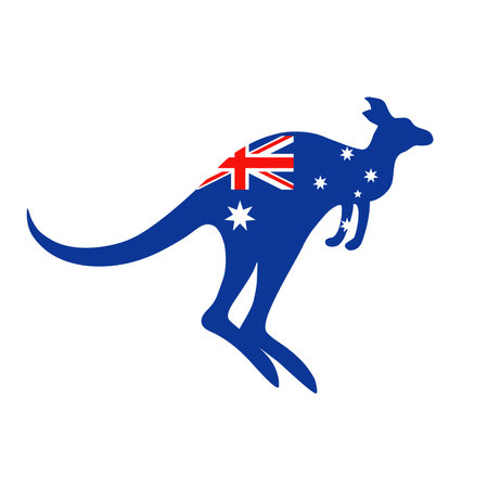 Kangaroo with Australia flag. Silhouette of a jumping kangaroo with Australian national flag. Vector illustration for t-shirt or posterのイラスト素材