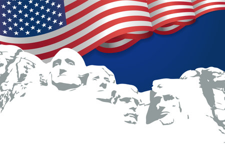 Presidents Day background, Mount Rushmore and 3d waving flag USA. Vector illustrationのイラスト素材