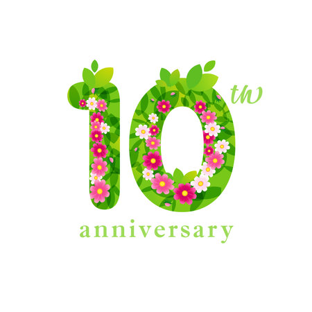 Cute floral number 10. 10th anniversary logo concept. Creative sign with flowers and leaves. Transparent elements and white background. 1 and 0 with isolated clipping mask.のイラスト素材