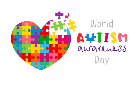 World Autism Awareness Day social media poster. Network timeline post. Cut heart shape with puzzles. Creative typography. School banner. Colorful design. Isolated graphic elements.のイラスト素材