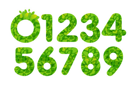 Set of spring or summer numbers from 0 to 9 with green leaves. Sale concept. Happy anniversary idea. Decorative elements for organic or natural goods. Vector graphic. Isolated digiのイラスト素材