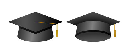 Set of 3D academic hats. Educational items. Graduating collection. College hat with golden tassel. Realistic vector design of graduation cap. Black motarboard. Abstract template.のイラスト素材