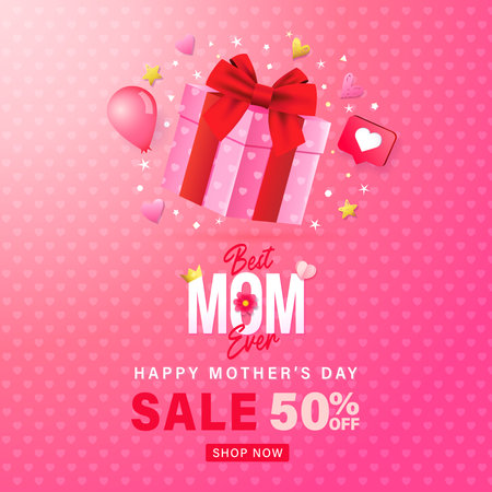 Mothers Day Sale banner design for Best MOM Ever with gift box. Promotion template for Happy Mother's Day with special offer up to 50% off. Vector illustrationのイラスト素材