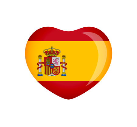 3D cute heart icon with Spanish flag and clipping mask. Travel logo concept. Welcome to Spain creative symbol. Greeting card design. Holiday background. Web button. Abstract sign.のイラスト素材