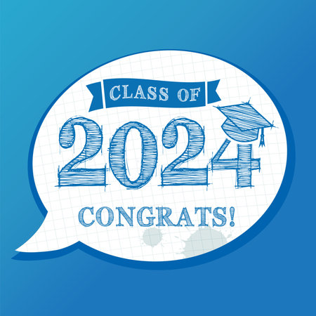 Class of 2024, Congrats - chalk drawing text in bubble chat. Congratulation Graduate, typography logo design with graduation hat. Vector illustrationのイラスト素材