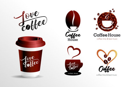 Set of coffee shop logo with takeaway coffee cup concept. Realistic 3d paper cup, coffee to go take out mug. Brand of cafe, vector illustrationのイラスト素材