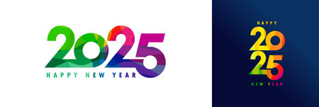 2025 Happy New Year typography colored facet logo design. Numbers 2025 from colored stained glass, Happy New Year creative style elements. Vector illustrationのイラスト素材