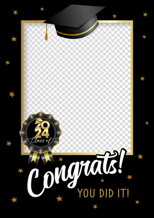 Class of 2024 Congrats, Graduation party photo booth. Photo frame A4 for graduation with cap and golden stars. Congratulations graduates, vector illustrationのイラスト素材