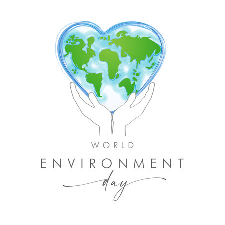 World Environment Day creative congrats. Environmental logo concept. Green leaves tree with globe shape, human palms, creative icon. Social network timeline post design. Branding eのイラスト素材