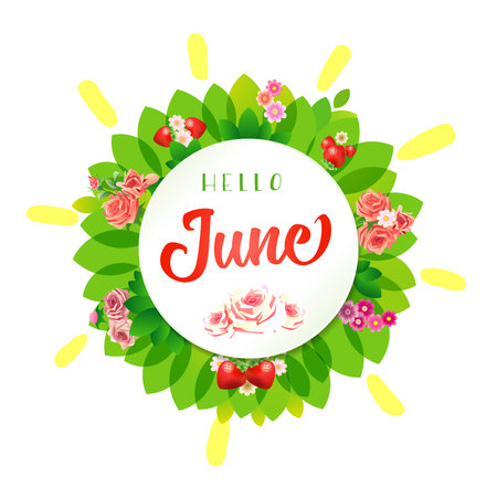 Hello June greetings. Floral wreath with strawberries, vintage roses and green leaves. 3D design. Social networks timeline post. Blogging stories concept. creative round branchのイラスト素材