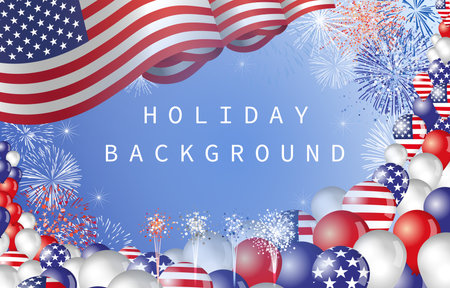 US holiday background with 3D objects. Copy space banner. USA waving flag, realistic balloons and fireworks. Set of elements. Backdrop blank with clipping mask. Festive designのイラスト素材