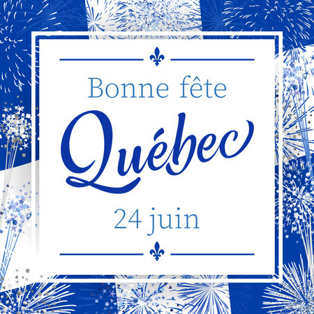 Happy Quebec Day square greeting card. Translation is - Happy holidays Quebec. Festive blue background with realistic fireworks, waving flag and clipping mask. Isolated elements.のイラスト素材