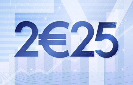 Fiscal Year 2025 business poster. Financial blue backdrop with creative number 2025 with euro...